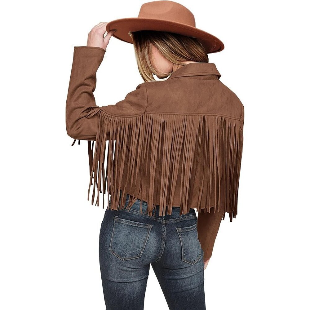 Prettygarden Women's Coffee Fringe Motorcycle Cropped Faux Leather Jackets